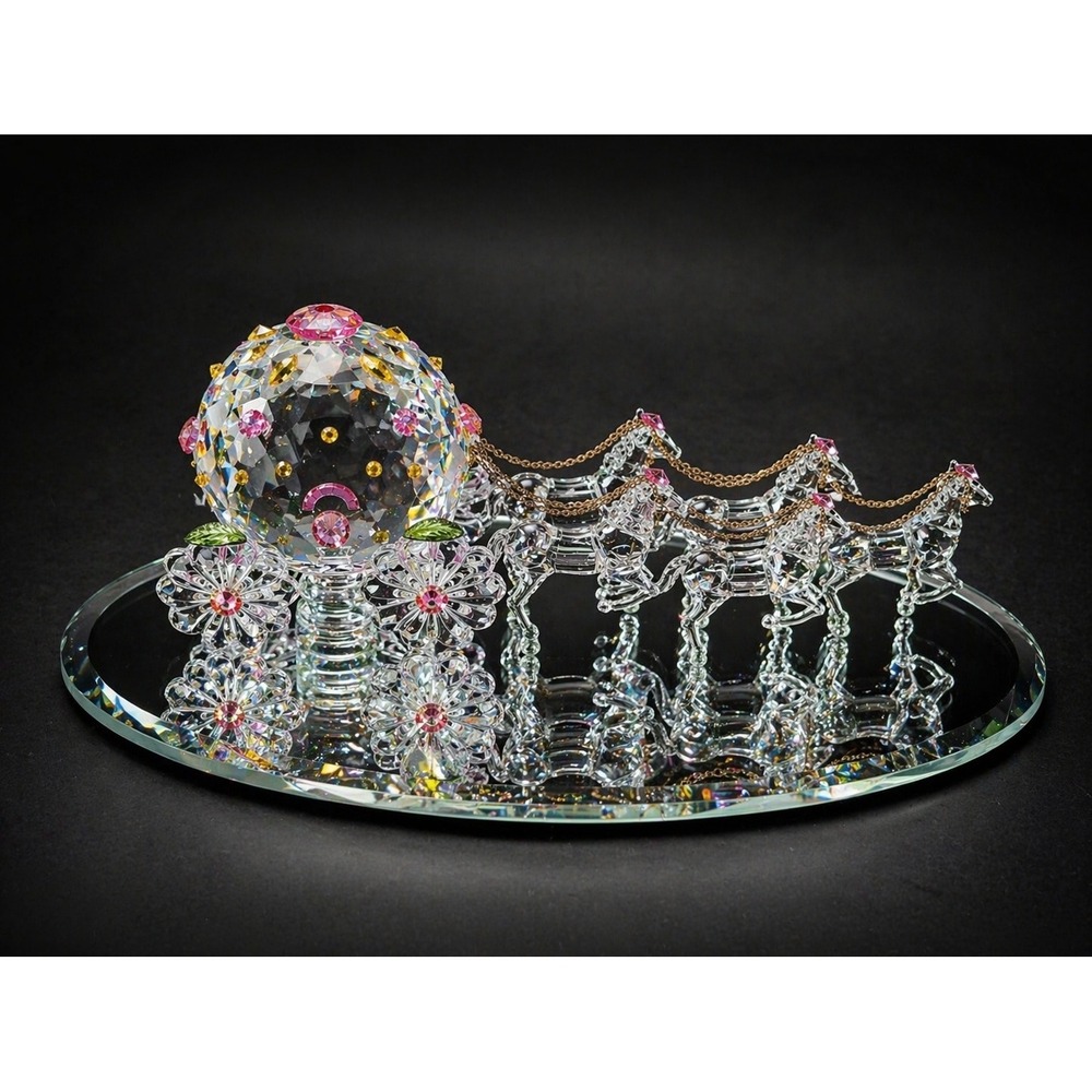 Crystal Glass Cinderella Carriage and Horses Figurine with Mirrored Base Pink - Picture 2 of 9
